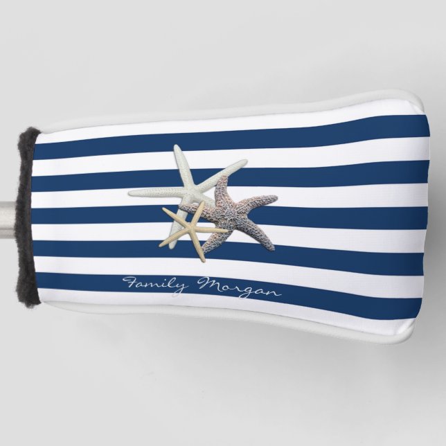 Adorable Starfish ,Navy Blue Stripes-Personalized  Golf Head Cover (Front)