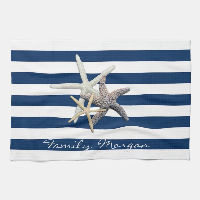 Adorable Starfish ,Navy Blue Stripes-Personalized  Kitchen Towel (Horizontal)