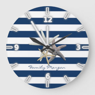 Adorable Starfish ,Navy Blue Stripes-Personalized Large Clock