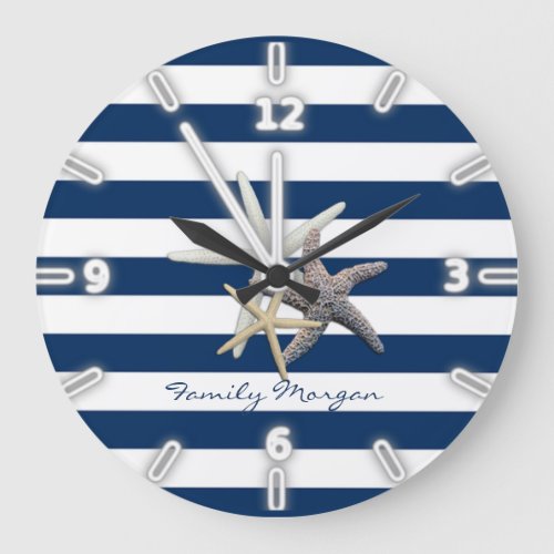 Adorable Starfish Navy Blue Stripes_Personalized Large Clock