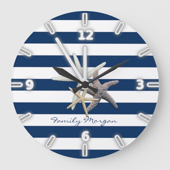Adorable Starfish ,Navy Blue Stripes-Personalized Large Clock (Front)