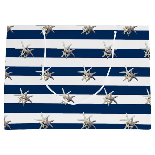 Adorable Starfish ,Navy Blue Stripes-Personalized Large Gift Bag (Front)