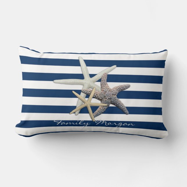 Adorable Starfish ,Navy Blue Stripes-Personalized Lumbar Pillow (Front)