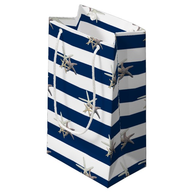 Adorable Starfish ,Navy Blue Stripes-Personalized Small Gift Bag (Front Angled)