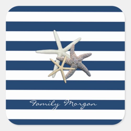 Adorable Starfish Navy Blue Stripes_Personalized  Square Sticker