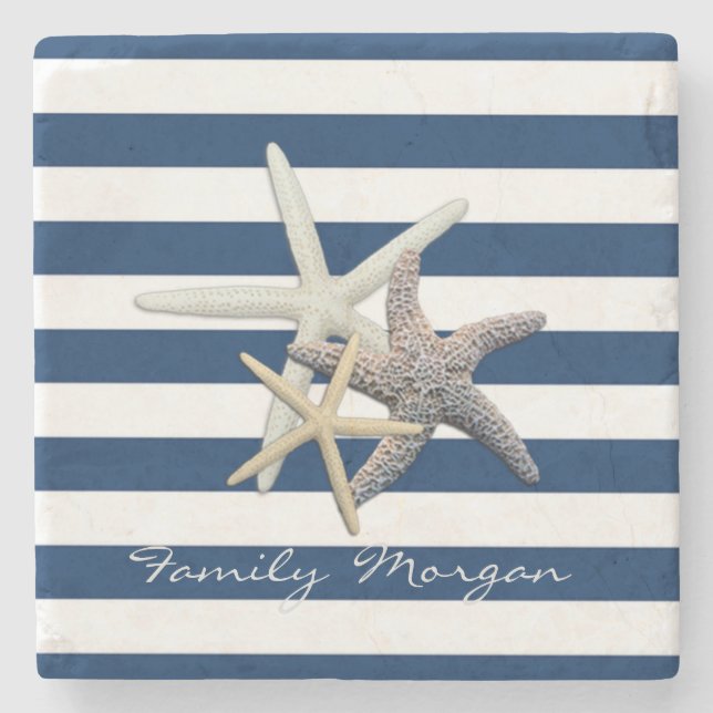 Adorable Starfish ,Navy Blue Stripes-Personalized Stone Coaster (Front)