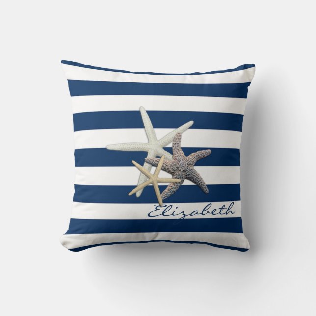 Adorable Starfish ,Navy Blue Stripes-Personalized Throw Pillow (Front)