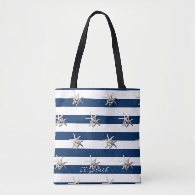Adorable Starfish ,Navy Blue Stripes-Personalized Tote Bag (Front)