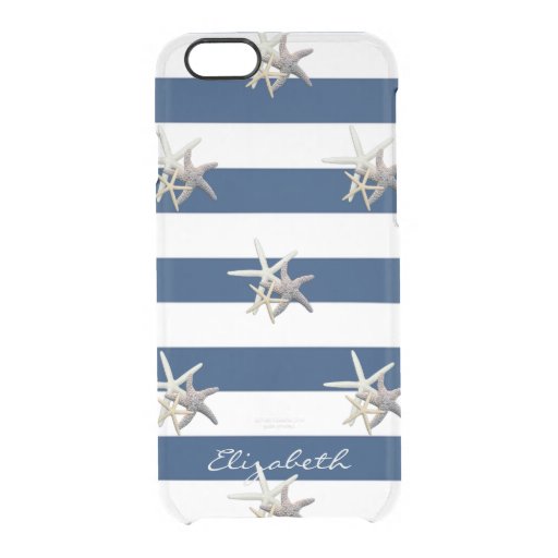 Adorable Starfish ,Navy Blue Stripes-Personalized Clear iPhone 6/6S Case