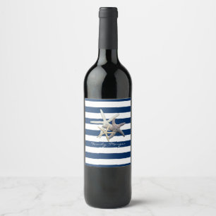 Adorable Starfish ,Navy Blue Stripes-Personalized Wine Label