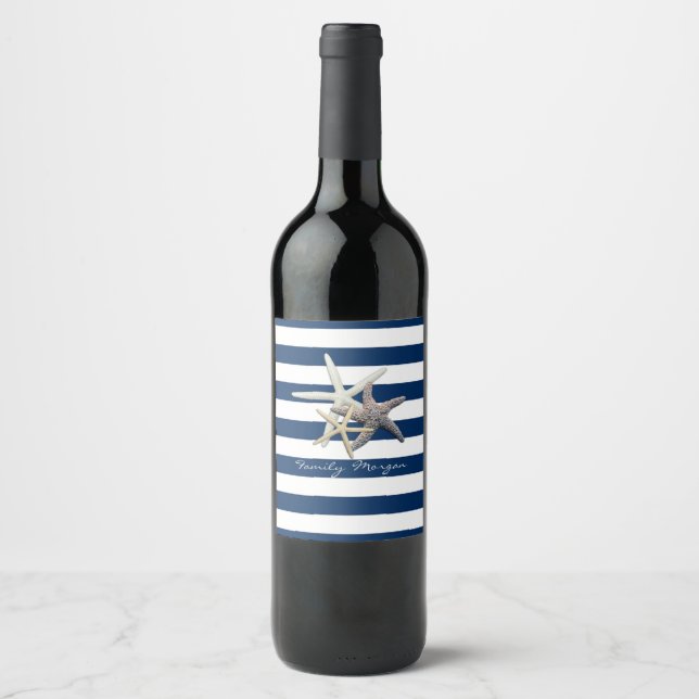 Adorable Starfish ,Navy Blue Stripes-Personalized  Wine Label (Front)