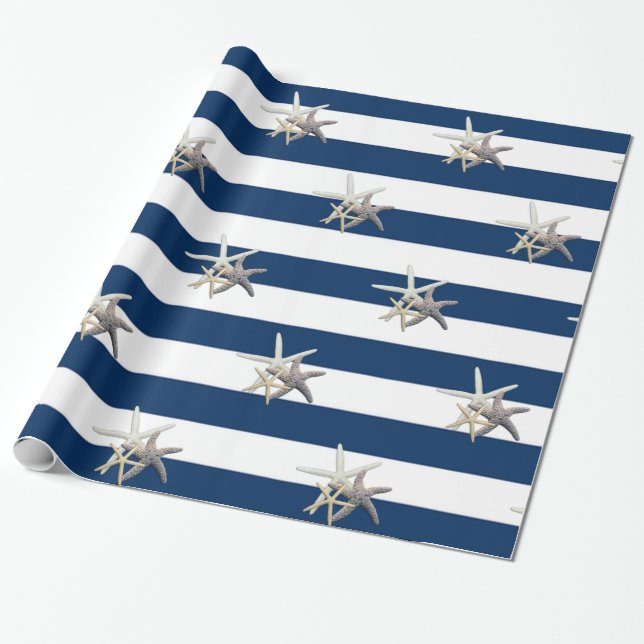Adorable Starfish ,Navy Blue Stripes Wrapping Paper (Unrolled)