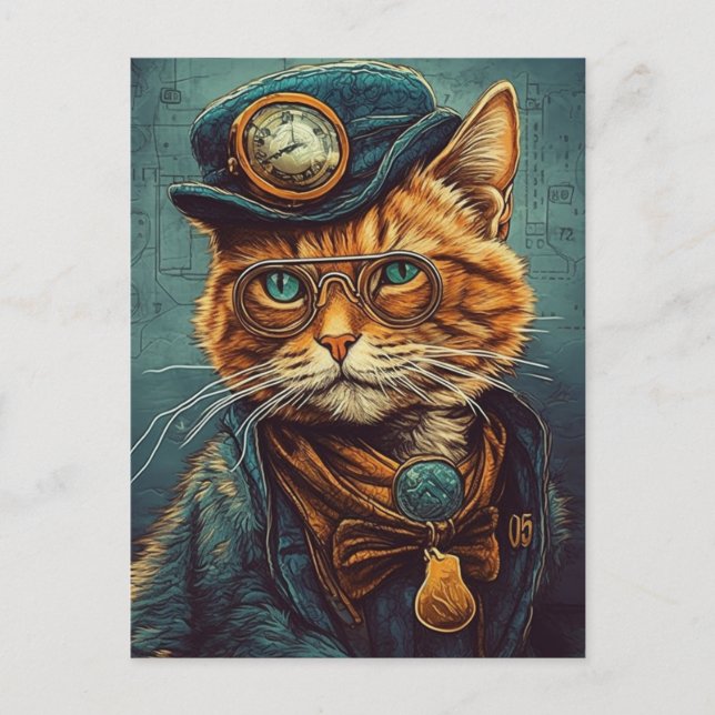 Adorable Steampunk Ginger Cat Postcard (Front)