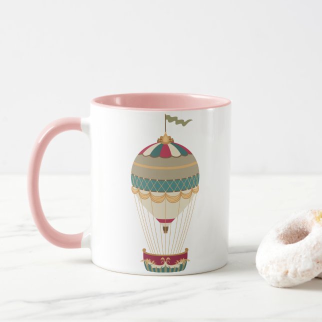 Adorable Steampunk Hot Air Balloon with Flag Mug (With Donut)