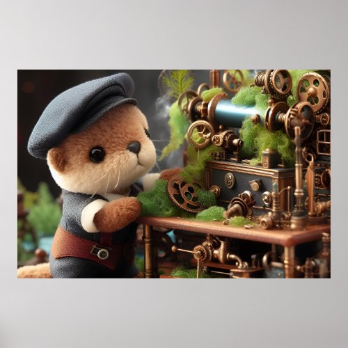 Adorable Steampunk Otter Works on Machinery Poster