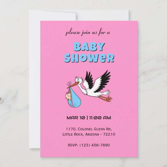 Adorable Stork Delivering a Baby Baby Shower Card (Front)