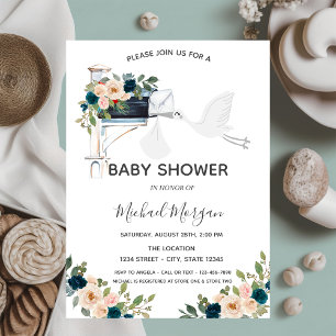 Adorable Stork Mailbox Blue Flowers Baby Shower Invitation
