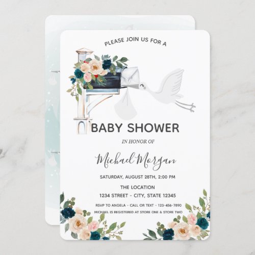 Adorable Stork Mailbox Blue Flowers Baby Shower Invitation