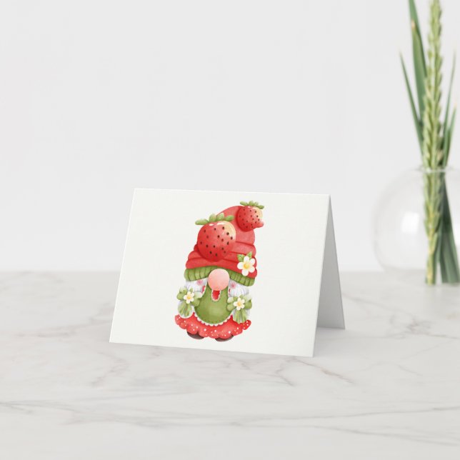 Adorable Strawberry Garden Gnome Card (Front)