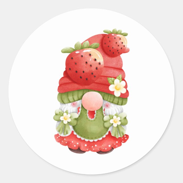 Adorable Strawberry Garden Gnome Classic Round Sticker (Front)