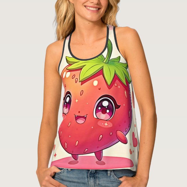 Adorable Strawberry Love Design Tank Top (Front)