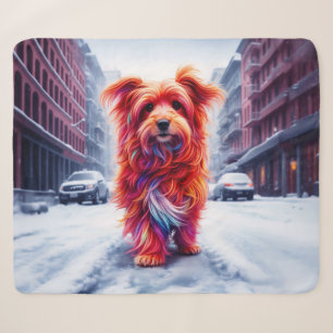 Adorable street dog in frosty winter cityscape sherpa blanket