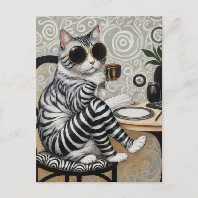 Adorable Striped Cat With Coffee Postcard (Front)