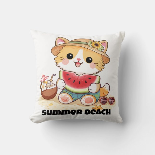 Adorable Summer Beach Cat  Throw Pillow (Front)