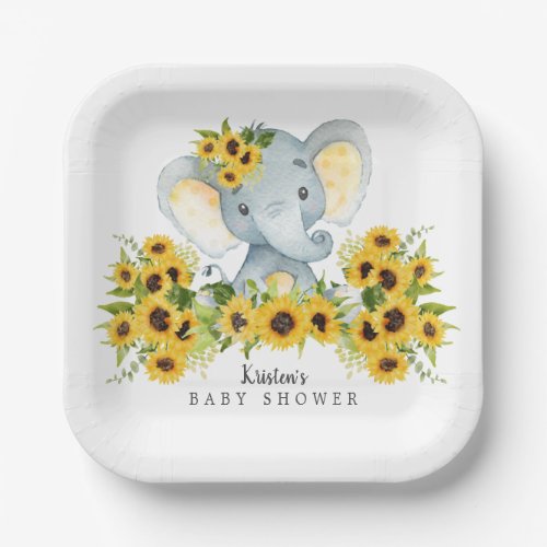Adorable Sunflower Elephant Baby Shower Paper Plates
