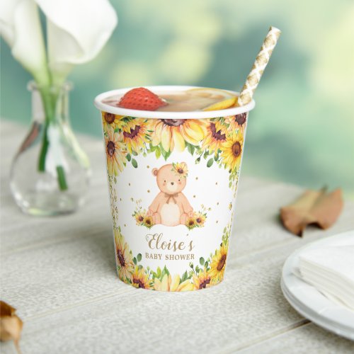 Adorable Sunflower Teddy Bear Baby Shower Birthday Paper Cups