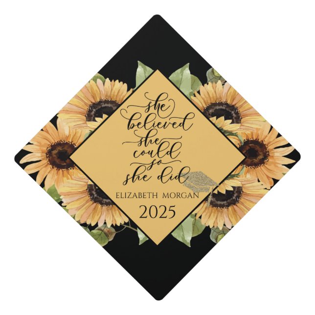 Adorable Sunflowers Glitter Graduate Cap (Front)
