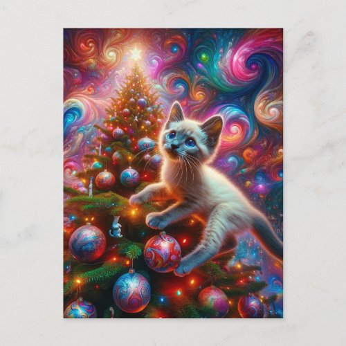 Adorable Surreal Siamese Kitten Christmas Postcard