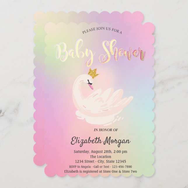 Adorable Swan Crown Holographic Baby Shower Invitation (Front/Back)