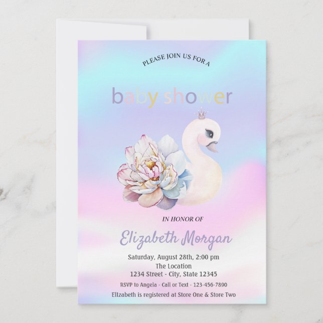 Adorable Swan Flower Holographic Baby Shower Invitation (Front)