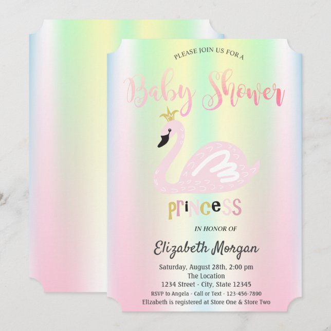 Adorable Swan Iridescent Holographic Baby Shower Invitation (Front/Back)