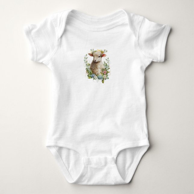 Adorable Sweet Baby Lamb with Flowers Bodysuit (Front)