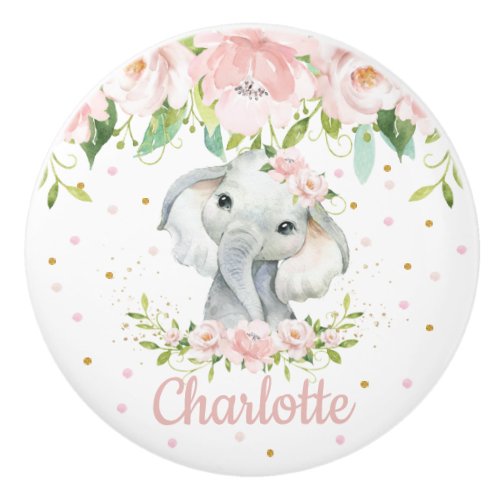 Adorable Sweet Elephant Blush Pink Floral Decor Ceramic Knob