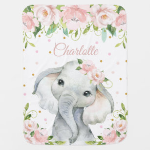 Adorable Sweet Elephant Soft Pink Blush Floral Baby Blanket