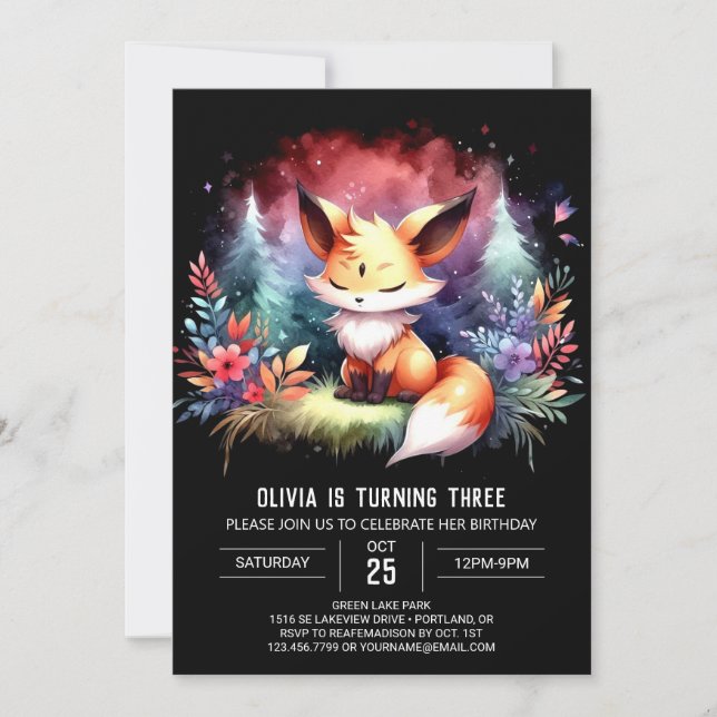 Adorable Sweet Fox Birthday digital Invitation (Front)