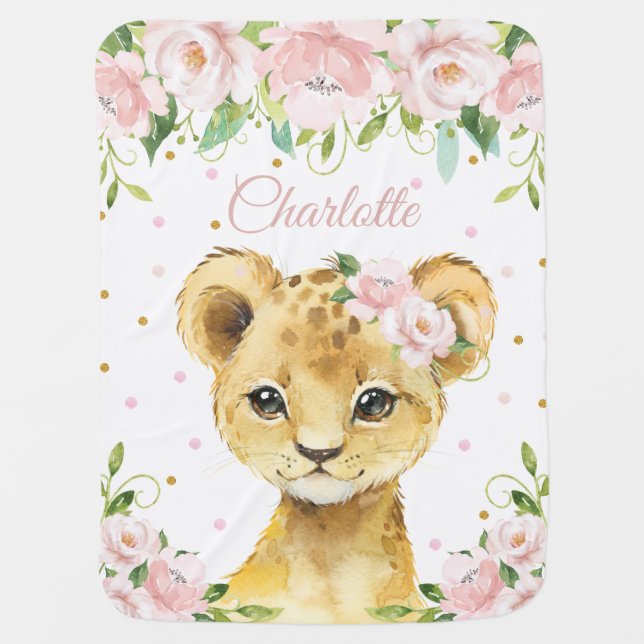 Adorable Sweet Lion Soft Pink Blush Floral Baby Blanket (Front)