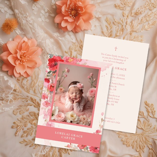 Adorable Sweet Pastel Coral Floral Photo Baptism  Invitation (Adorable Sweet Pastel Coral Floral Illustration Baptism Invitation Card with Baby Photo.)