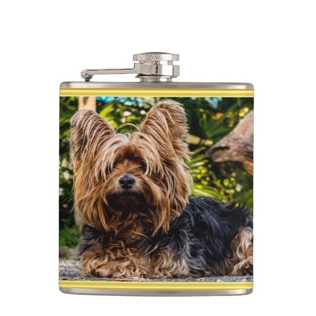 Adorable sweet Yorkshire terrier gold foil design Flask (Front)