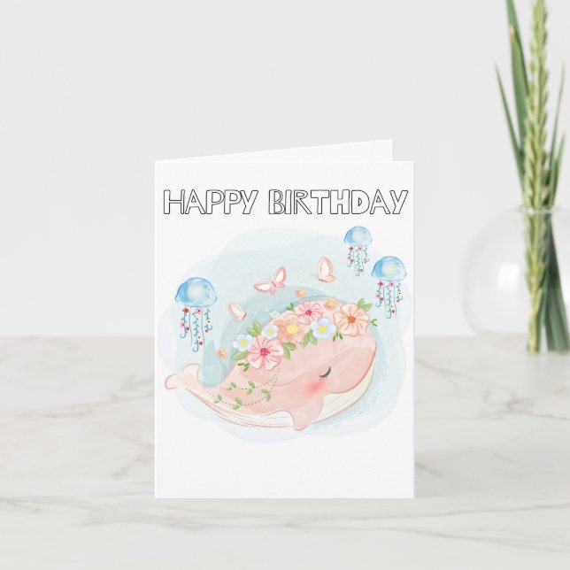 Adorable Swimming Whale Happy Birthday Card (Front)