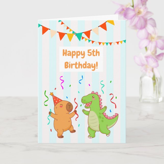 Adorable T-Rex Capybara 5th Happy Birthday Card (Orchid)