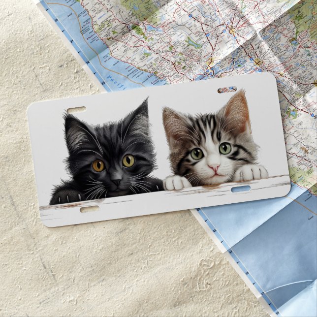 ADORABLE TABBY & BLACK & WHITE CAT PEEKING LICENSE PLATE (In Situ)