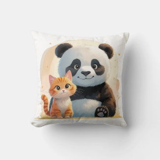 Adorable Tabby Cat & Giant Panda - Playful Friends Throw Pillow