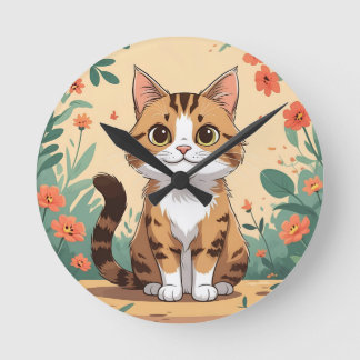 Adorable Tabby Cat in Blossom Garden 8" Round Acry Round Clock