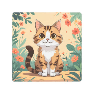 Adorable Tabby Cat in Blossom Garden Metal Wall Ar Metal Print