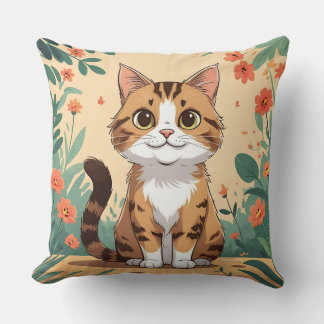 Adorable Tabby Cat in Blossom Garden Throw Pillow