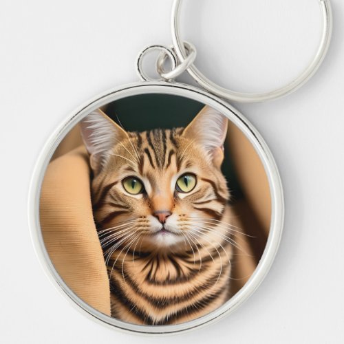 Adorable Tabby Cat with Green Eyes on a Blanket  Keychain